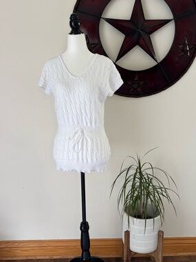Women’s Croquette Girl Cotton White V-Neck Short Sleeve Knit Sweater Tie Waist S